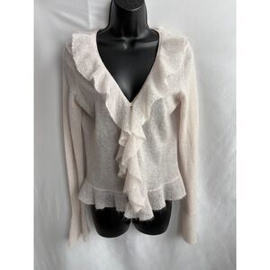 Ann Taylor Blush Pink Ruffle Cardigan Wool Mohair Victorian Size S Romantic Soft